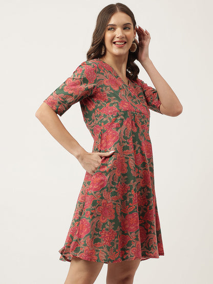 Green Pink Floral Printed Cotton Fit & Flare Mini Dress