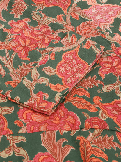 Green Pink Floral Printed Cotton Fit & Flare Mini Dress