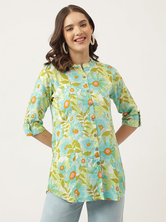 Green Floral Printed Rayon Shirt Style Top