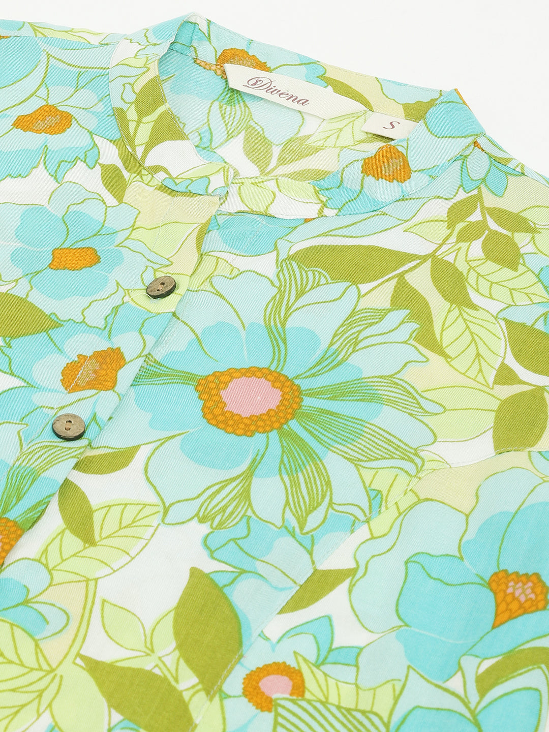 Green Floral Printed Rayon Shirt Style Top