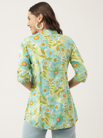 Green Floral Printed Rayon Shirt Style Top