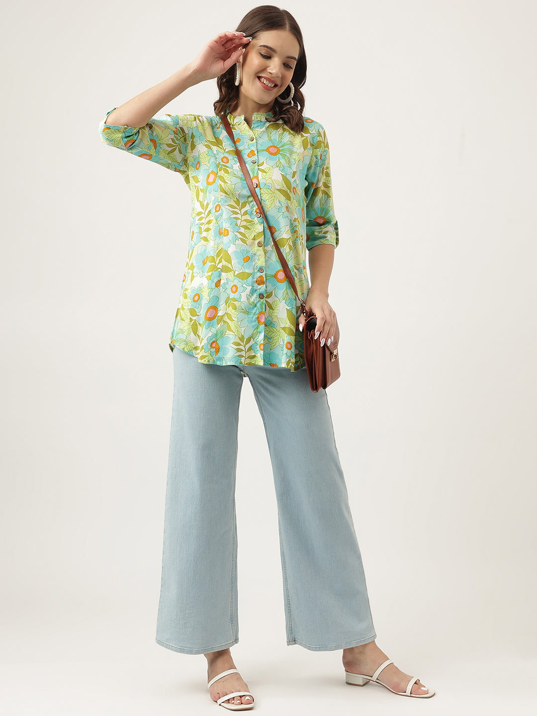 Green Floral Printed Rayon Shirt Style Top