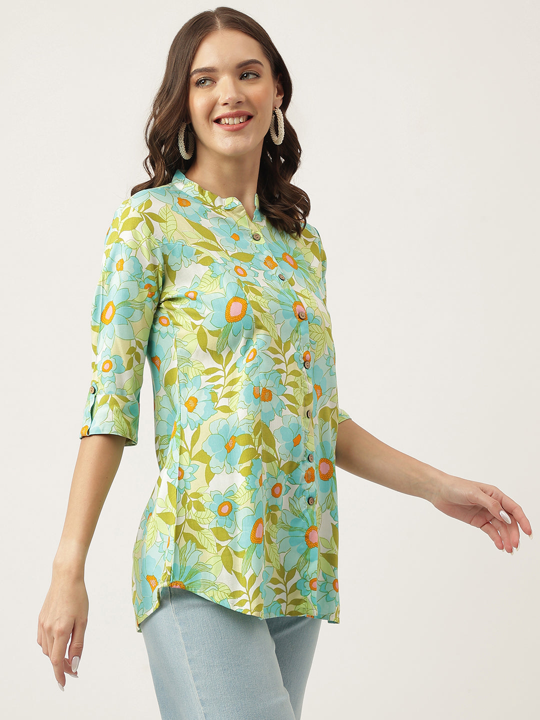 Green Floral Printed Rayon Shirt Style Top