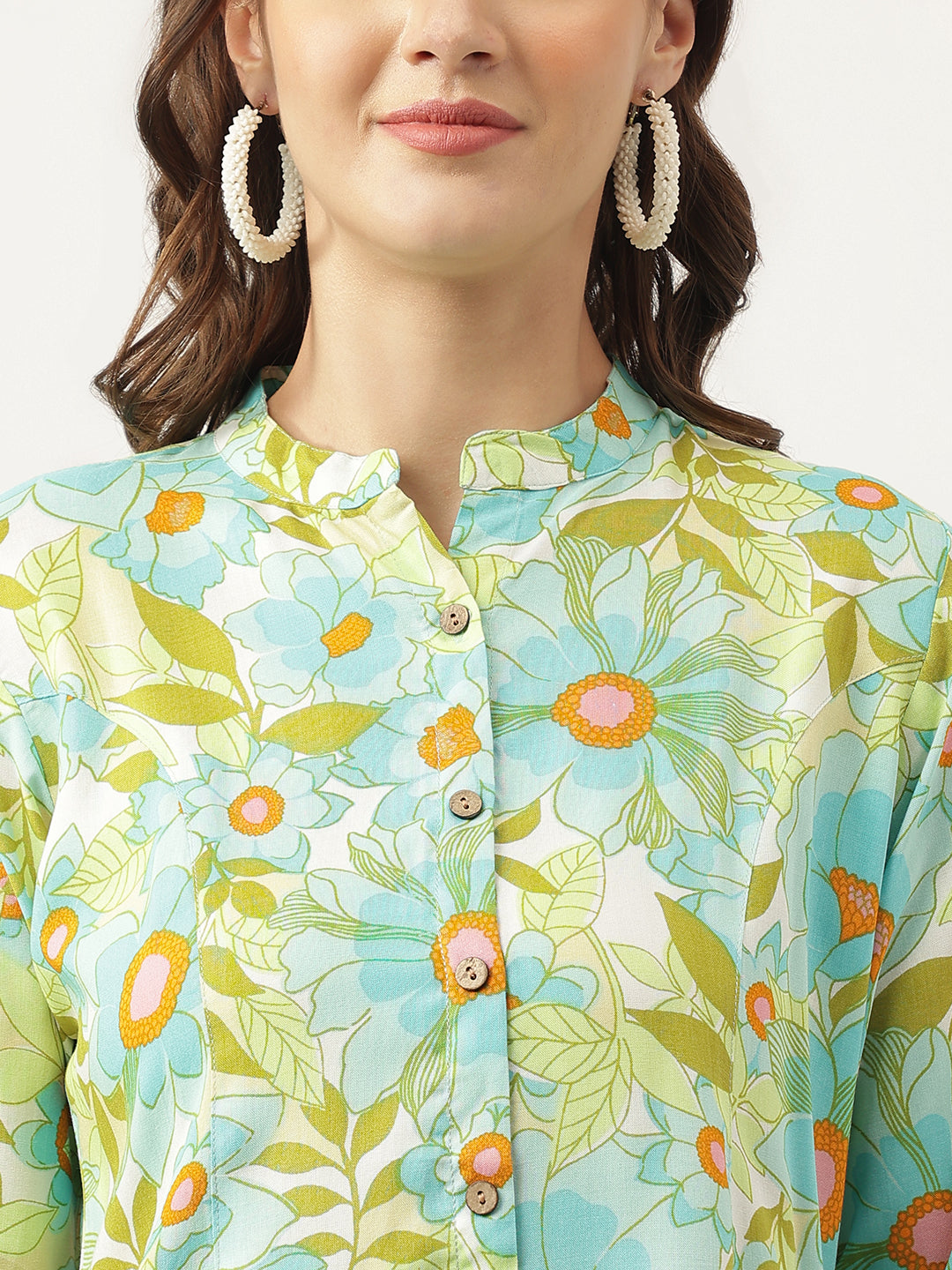 Green Floral Printed Rayon Shirt Style Top