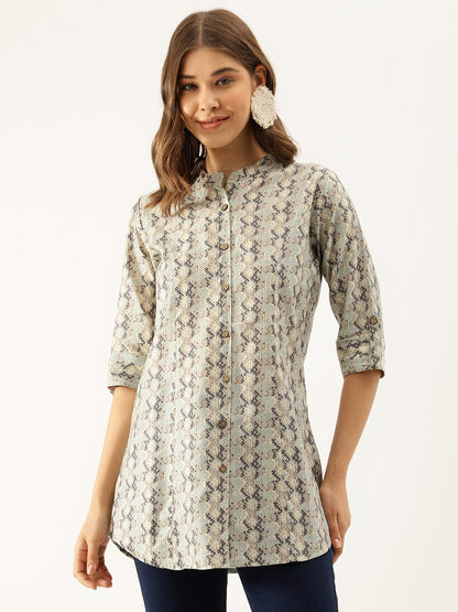Sea Green Printed  Chanderi Regular Top