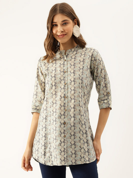 Sea Green Printed  Chanderi Regular Top