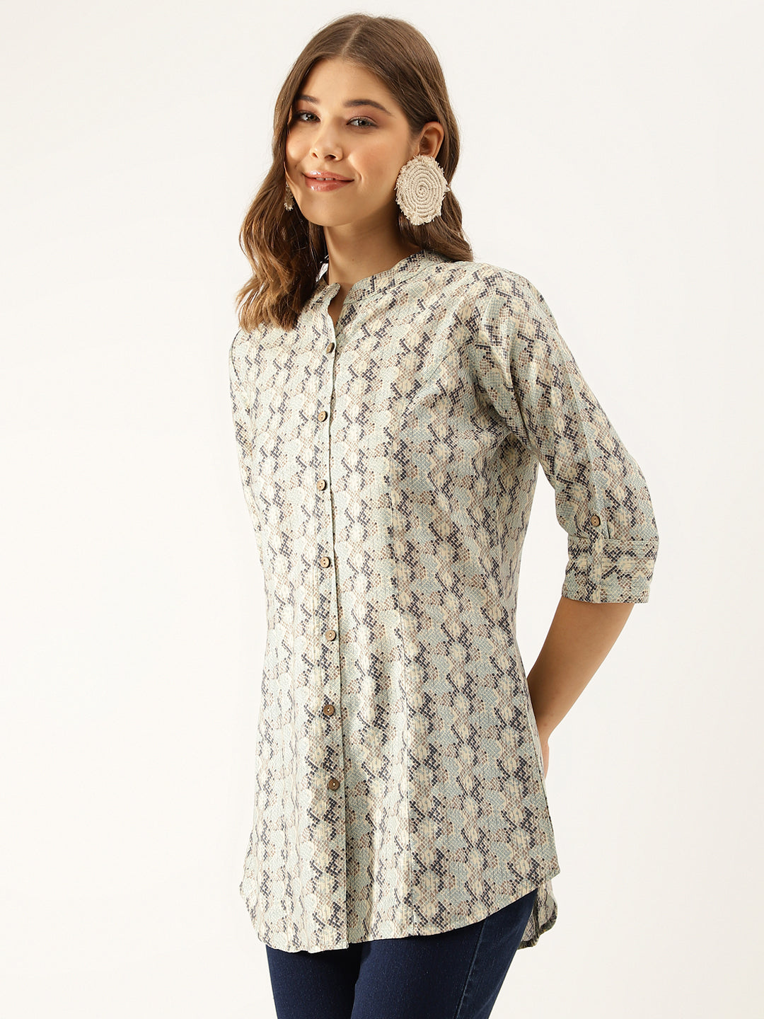 Sea Green Printed  Chanderi Regular Top
