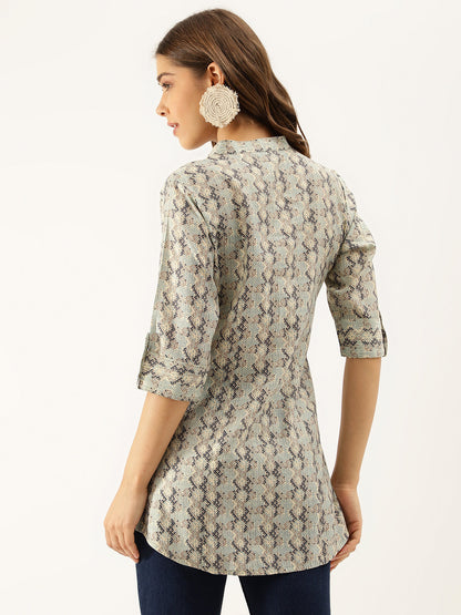 Sea Green Printed  Chanderi Regular Top