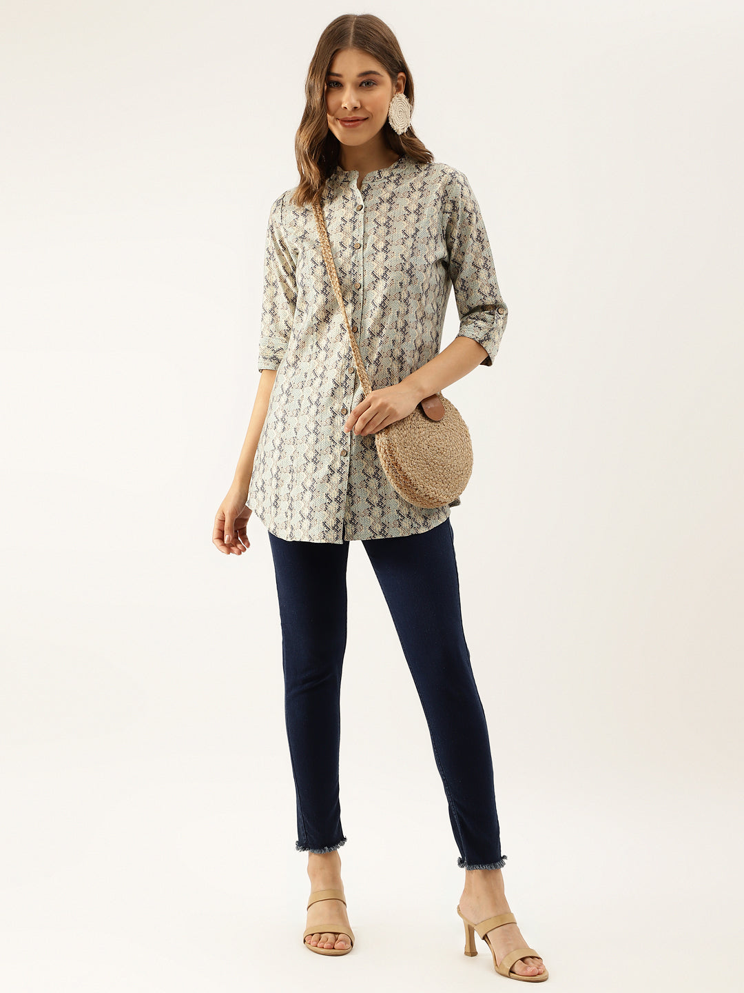 Sea Green Printed  Chanderi Regular Top