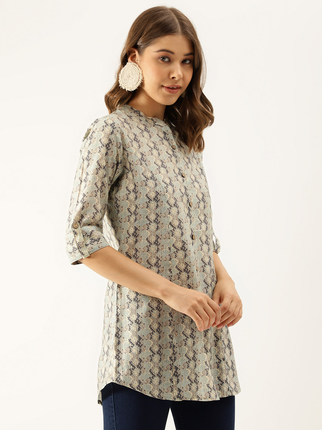 Sea Green Printed  Chanderi Regular Top