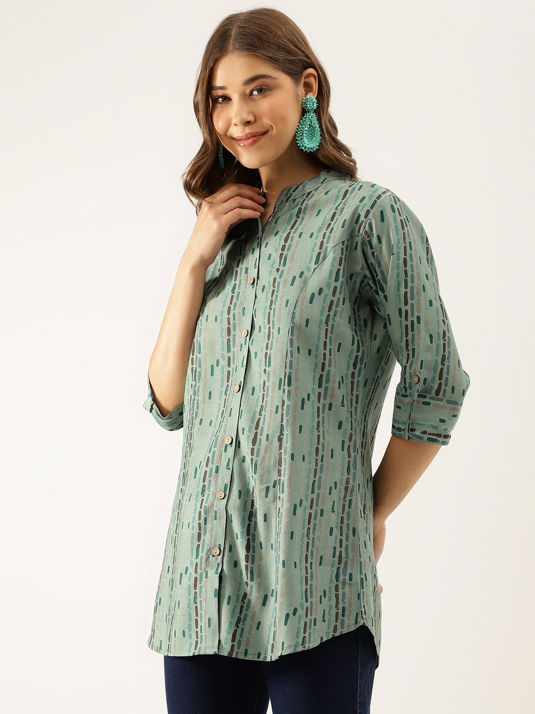 Green Printed Modal Chanderi Regular Fit Top