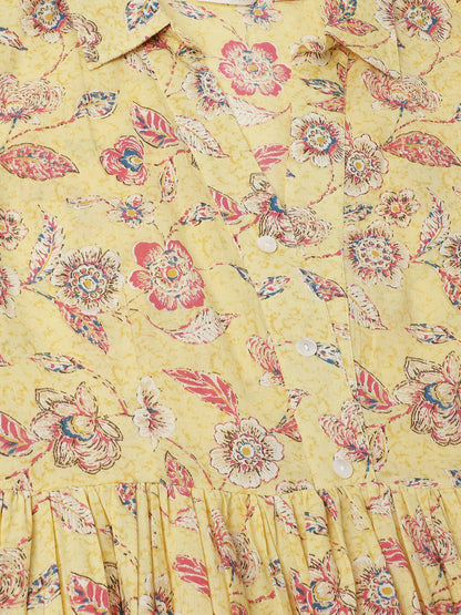 Yellow Floral Printed Cotton Dress for Women