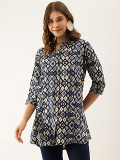 Navy Blue Printed Rayon Regular Fit Top
