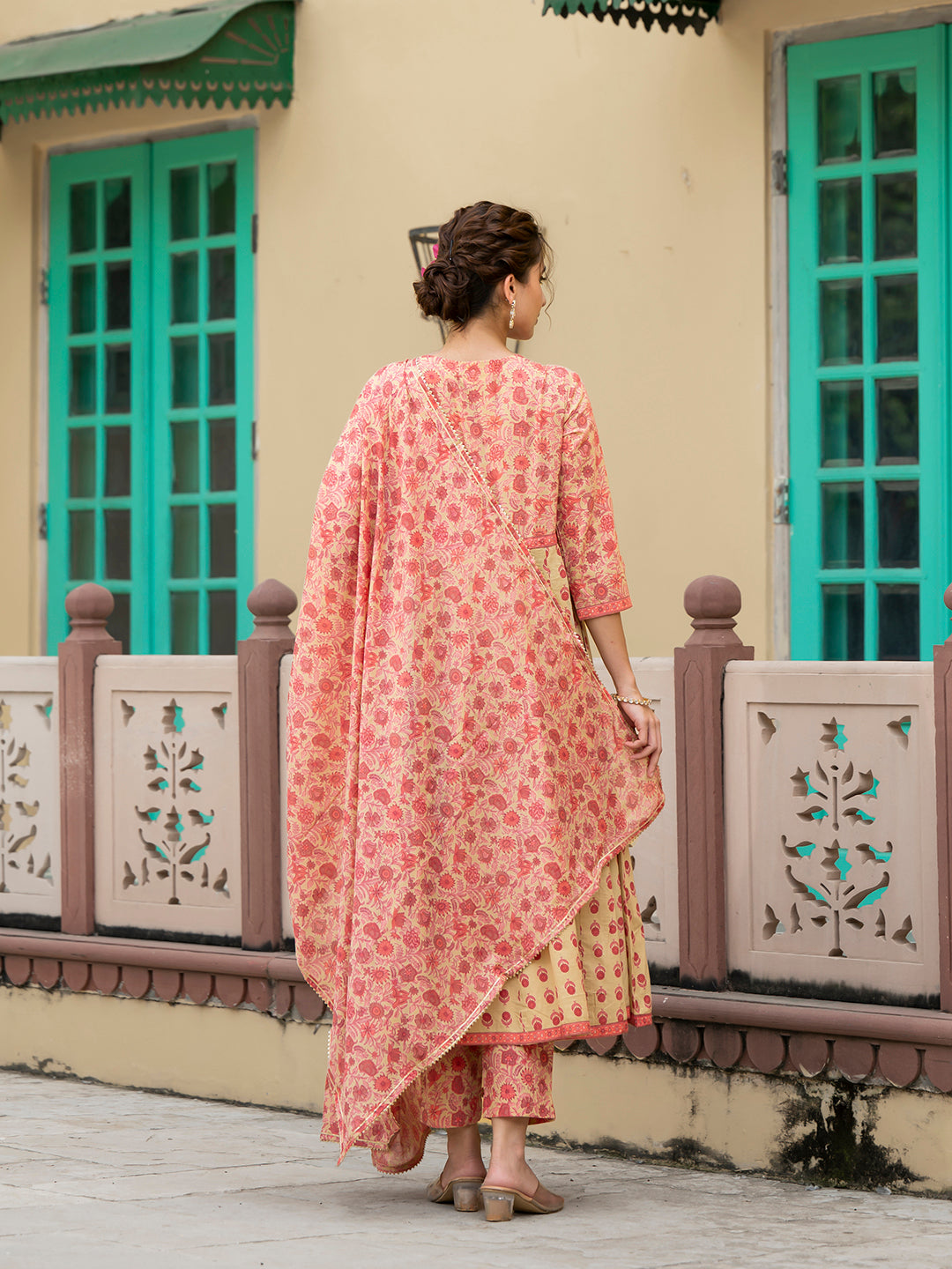 Peach Floral Print Pure Cotton Anarkali Kurta & Trouser with Dupatta