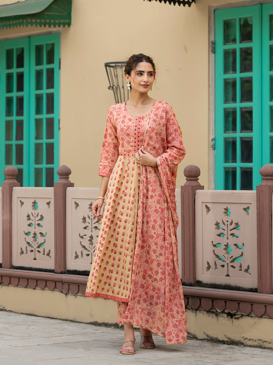 Peach Floral Print Pure Cotton Anarkali Kurta & Trouser with Dupatta
