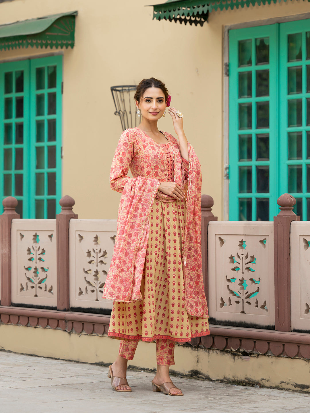 Peach Floral Print Pure Cotton Anarkali Kurta & Trouser with Dupatta