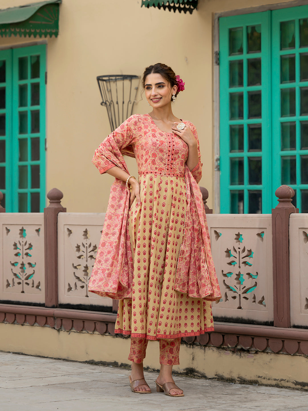Peach Floral Print Pure Cotton Anarkali Kurta & Trouser with Dupatta