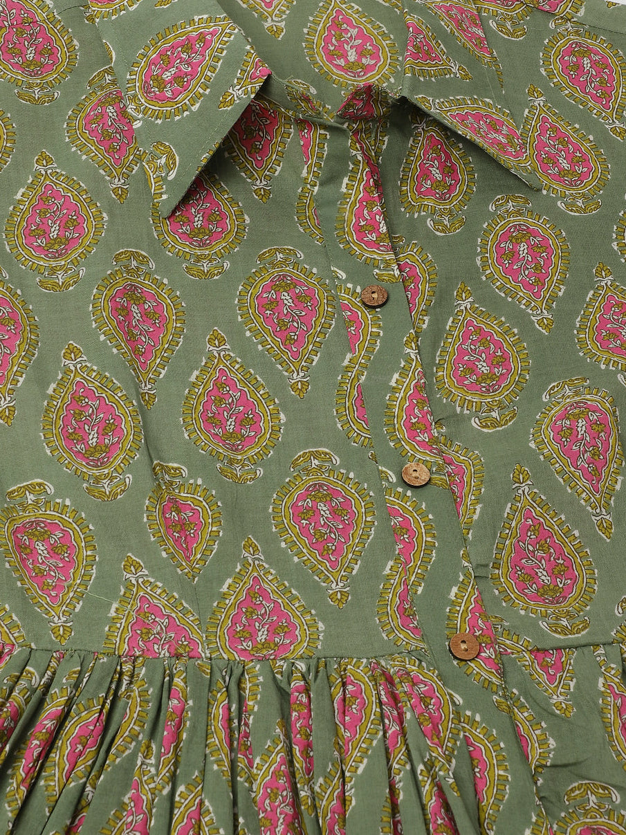 Green Paisley Printed Cotton Dress for Women