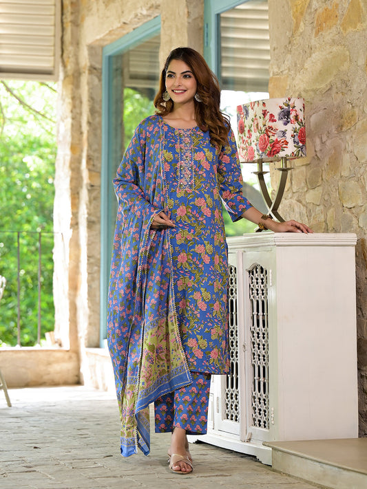 blue Floral Print Cotton Straight fit Kurta Set