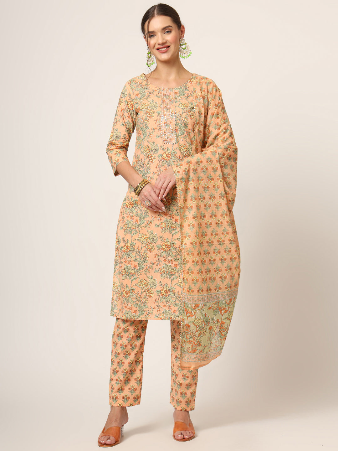 Peach Floral Print Cotton Straight fit Kurta Set