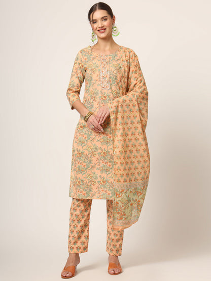 Peach Floral Print Cotton Straight fit Kurta Set