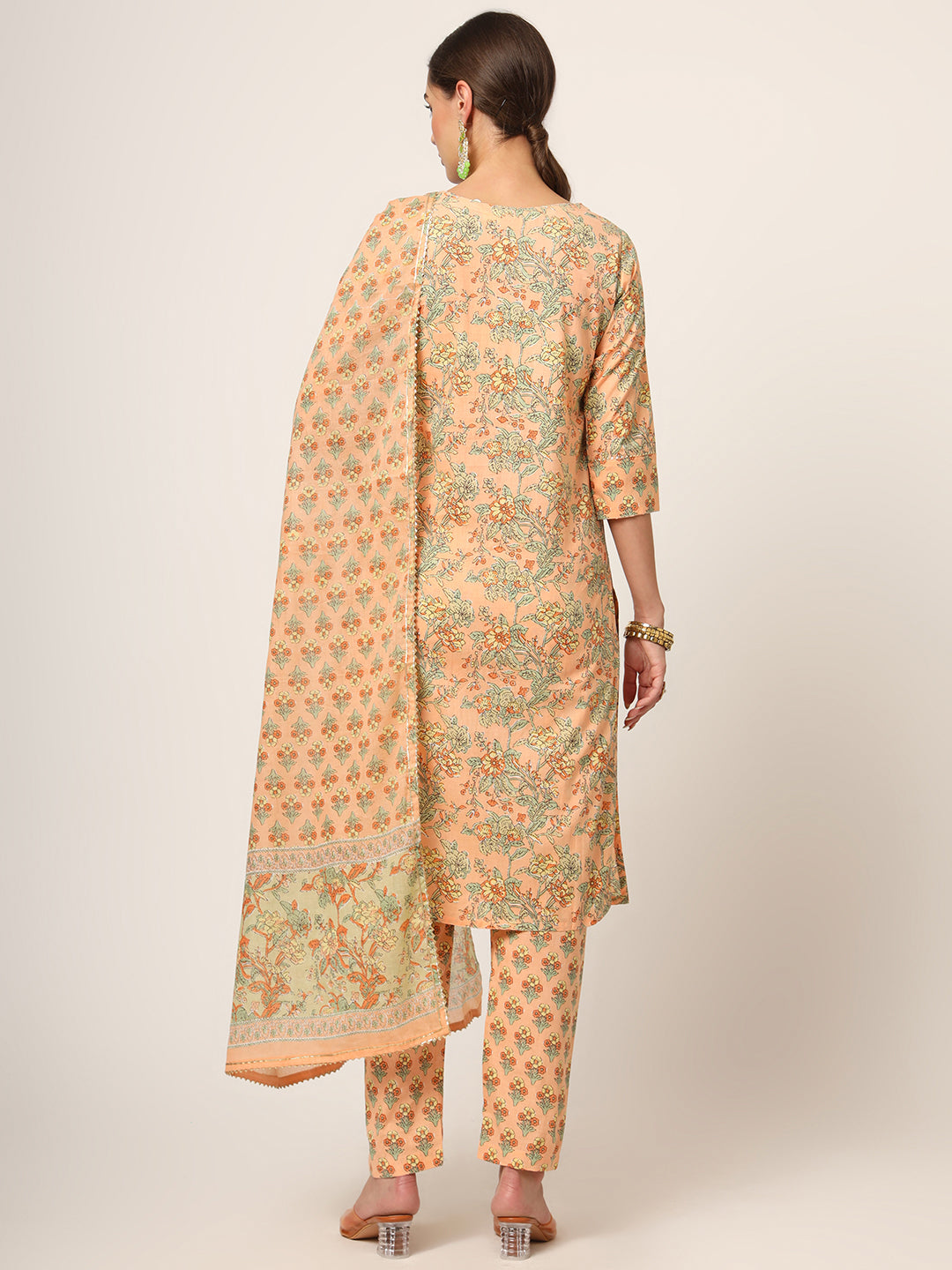 Peach Floral Print Cotton Straight fit Kurta Set