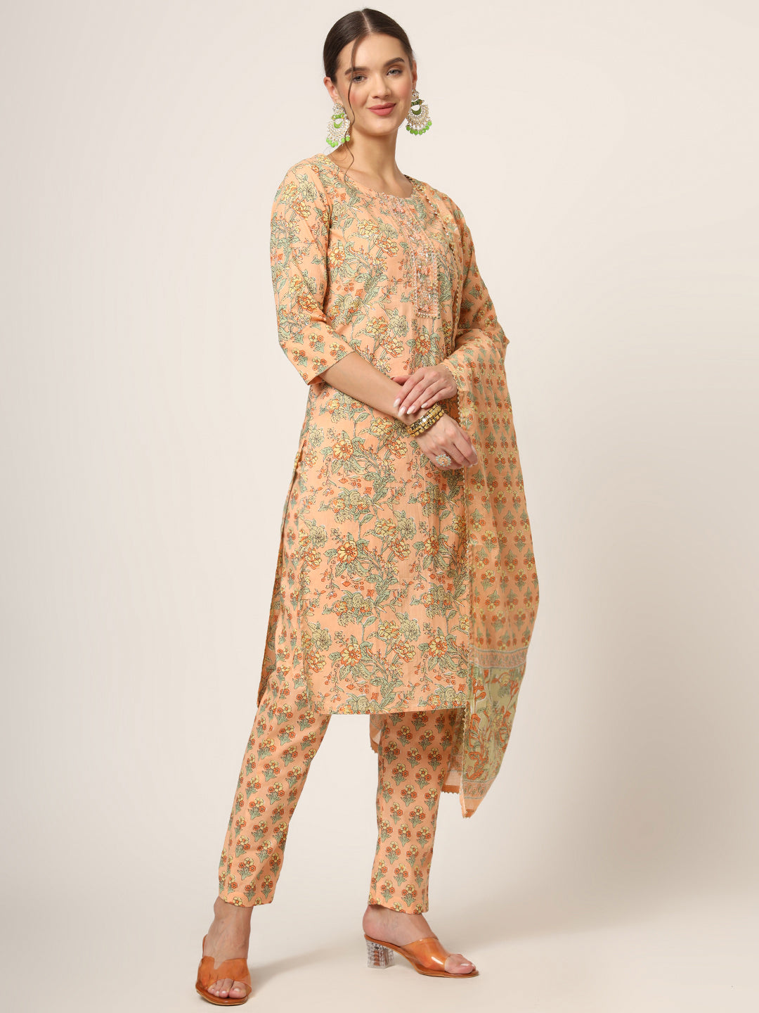 Peach Floral Print Cotton Straight fit Kurta Set