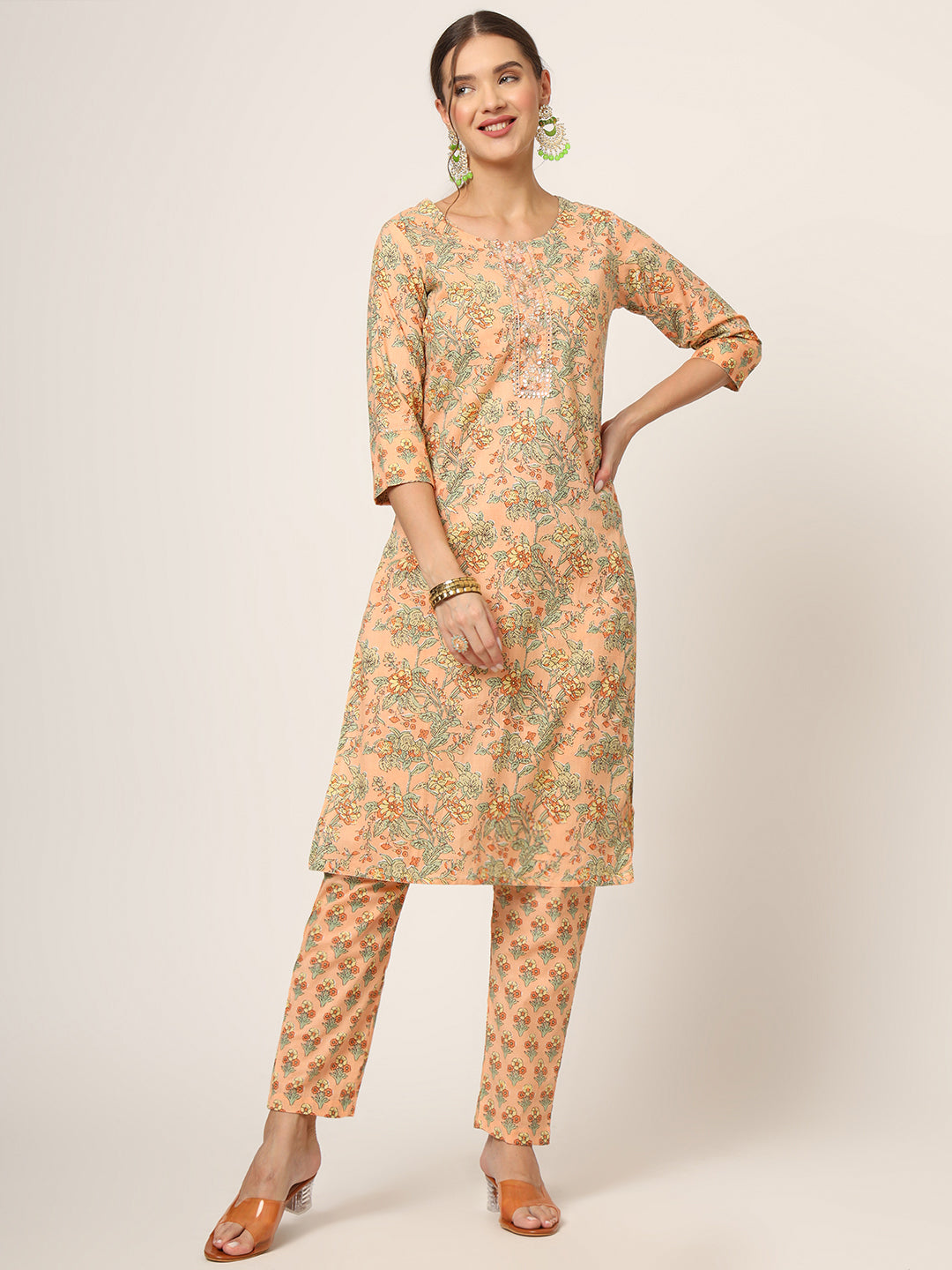 Peach Floral Print Cotton Straight fit Kurta Set