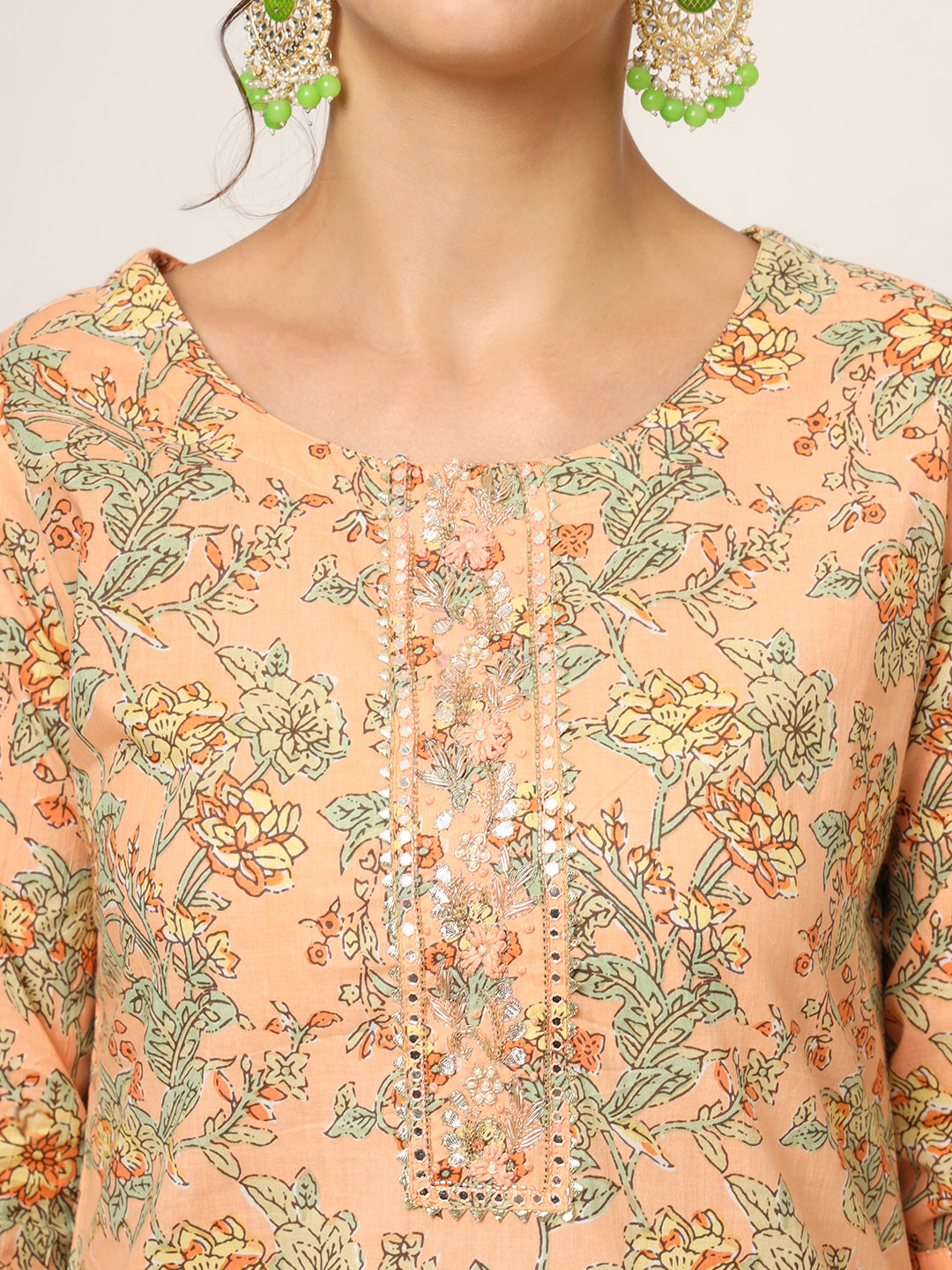 Peach Floral Print Cotton Straight fit Kurta Set