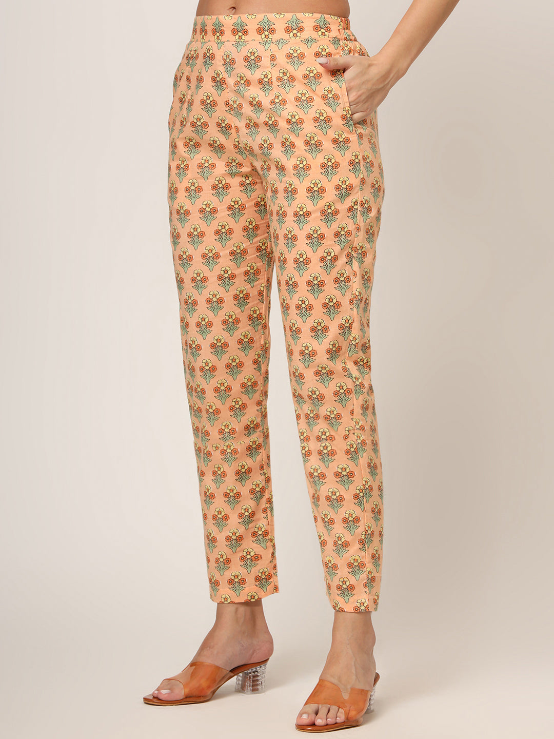Peach Floral Print Cotton Straight fit Kurta Set