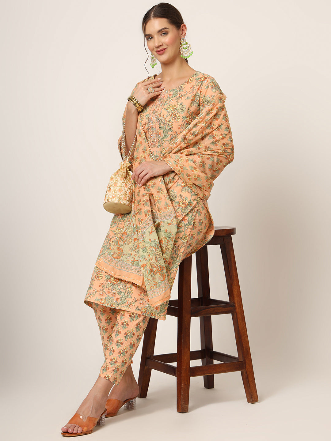 Peach Floral Print Cotton Straight fit Kurta Set