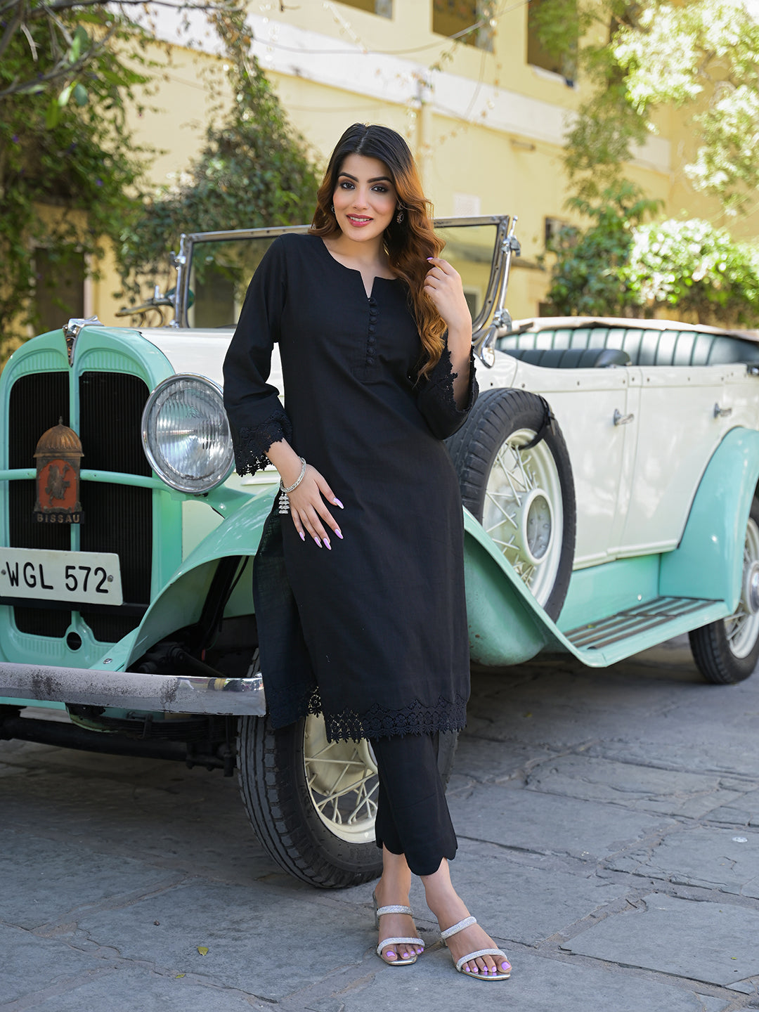 Black Solid Print Cotton Fabric  Shirt Kurta with Trouser