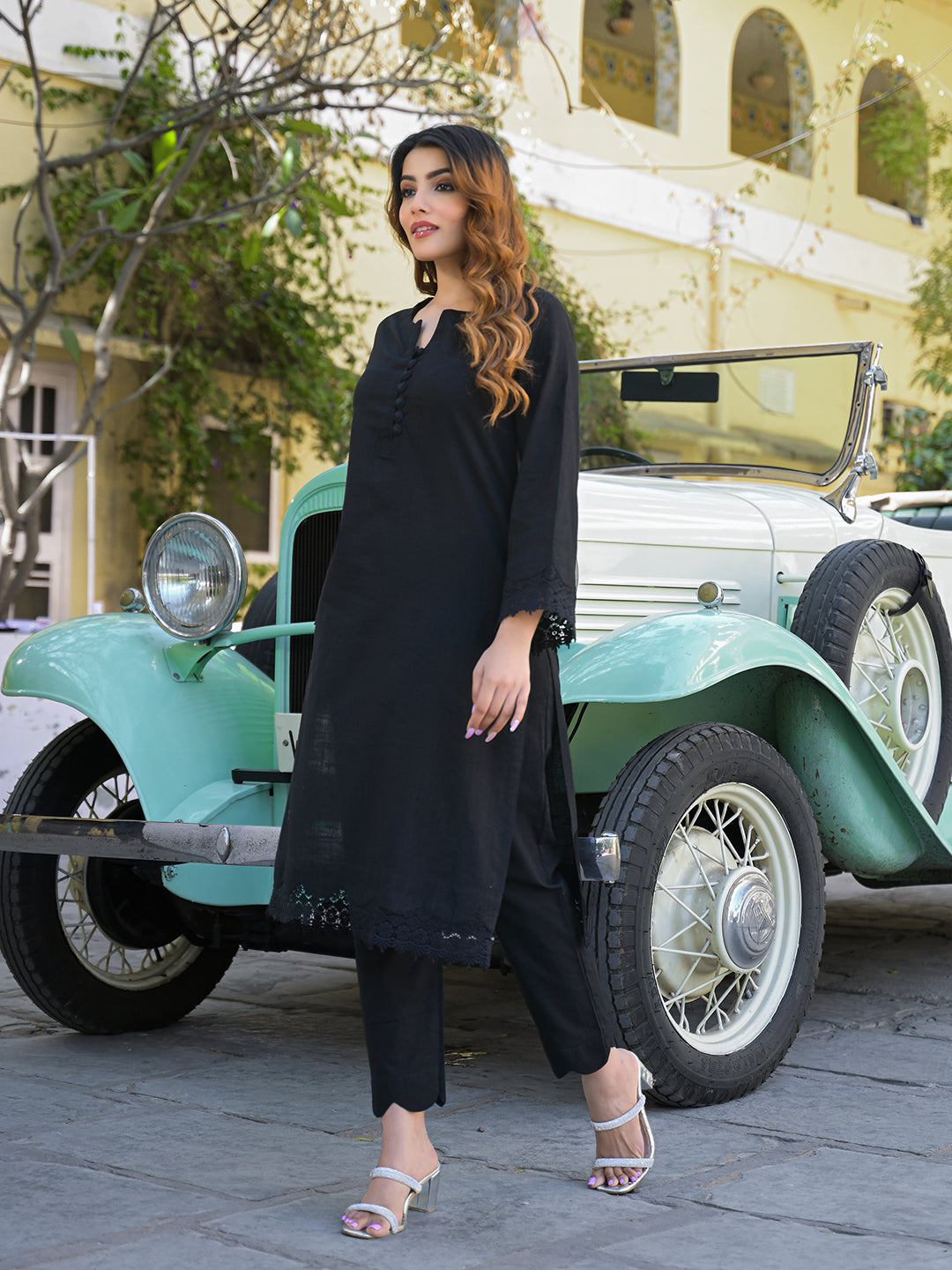 Black Solid Print Cotton Fabric  Shirt Kurta with Trouser