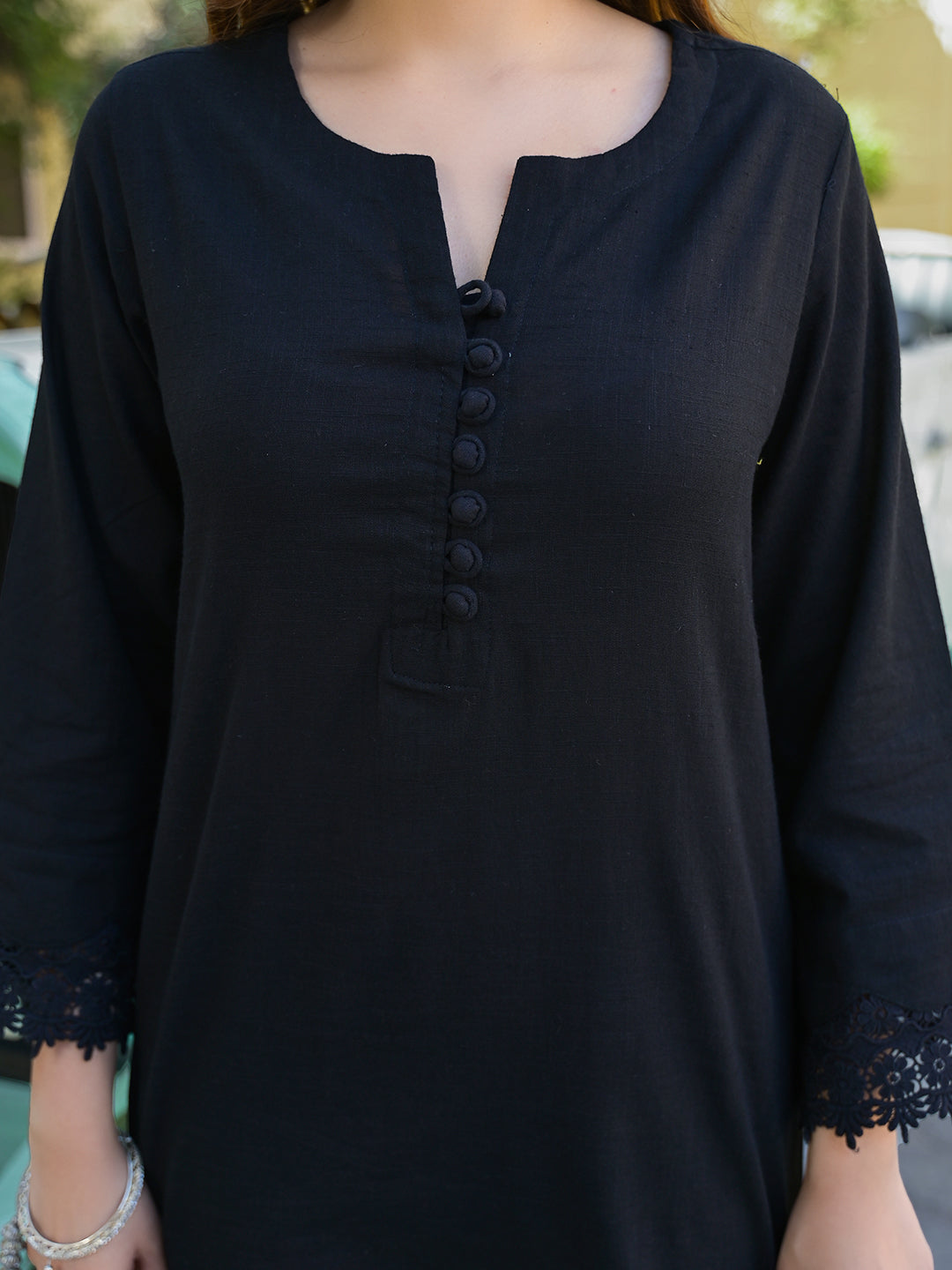 Black Solid Print Cotton Fabric  Shirt Kurta with Trouser