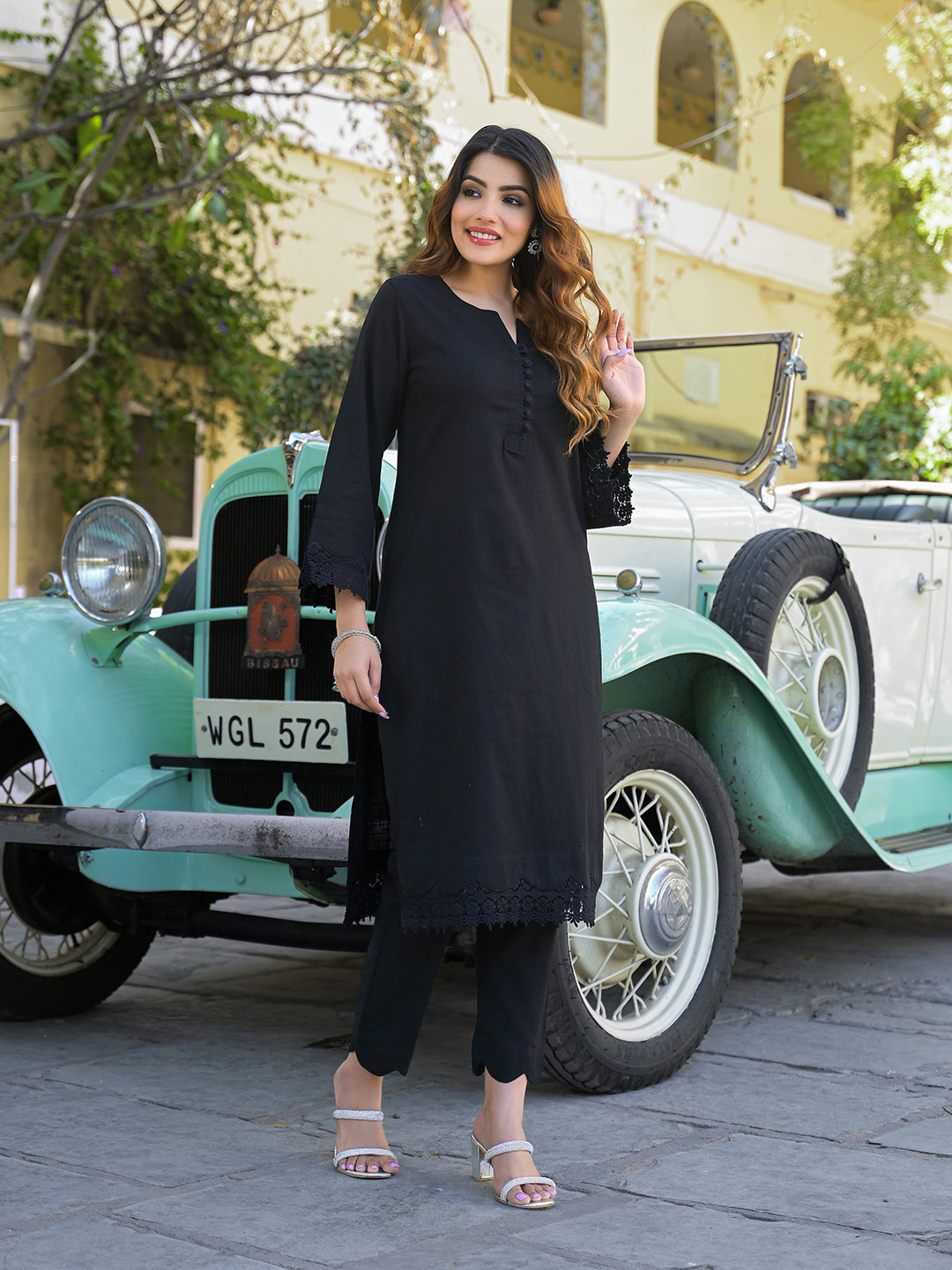 Black Solid Print Cotton Fabric  Shirt Kurta with Trouser
