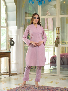 Pink Solid Cotton Straight Fit Lace Border Kurta with Trouser