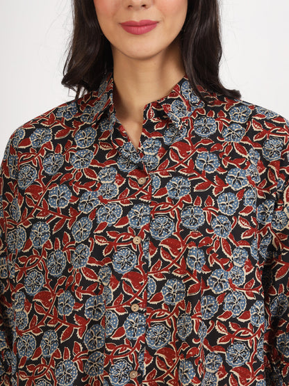 Black Floral Printed Cotton Tops