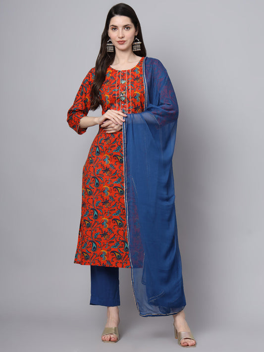 Floral Printed Gotta Patti Pure Cotton Kurta With Trousers & Dupatta
