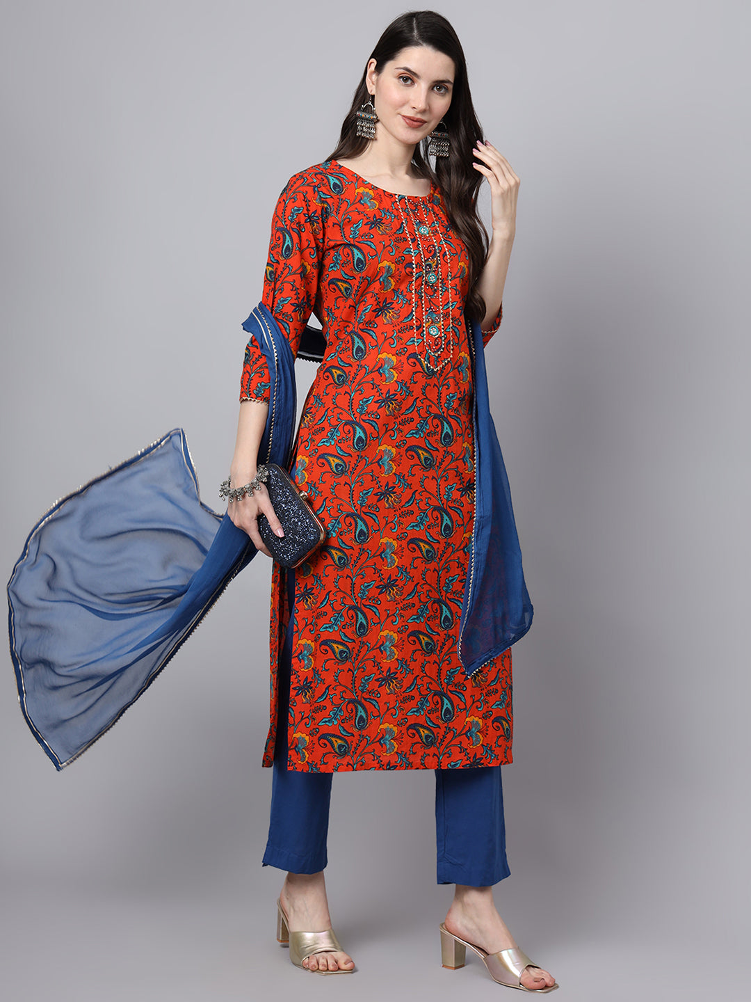 Floral Printed Gotta Patti Pure Cotton Kurta With Trousers & Dupatta