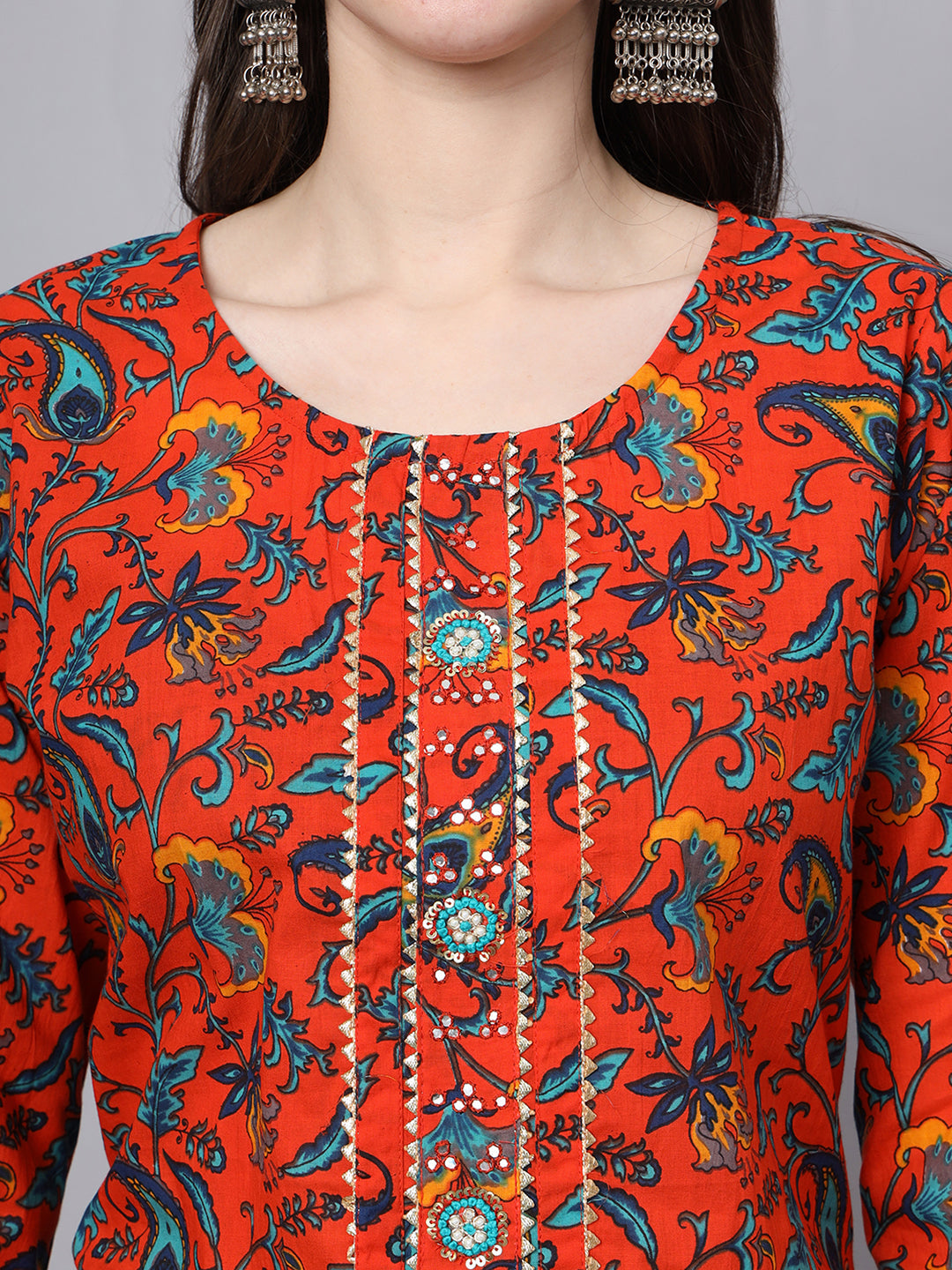 Floral Printed Gotta Patti Pure Cotton Kurta With Trousers & Dupatta