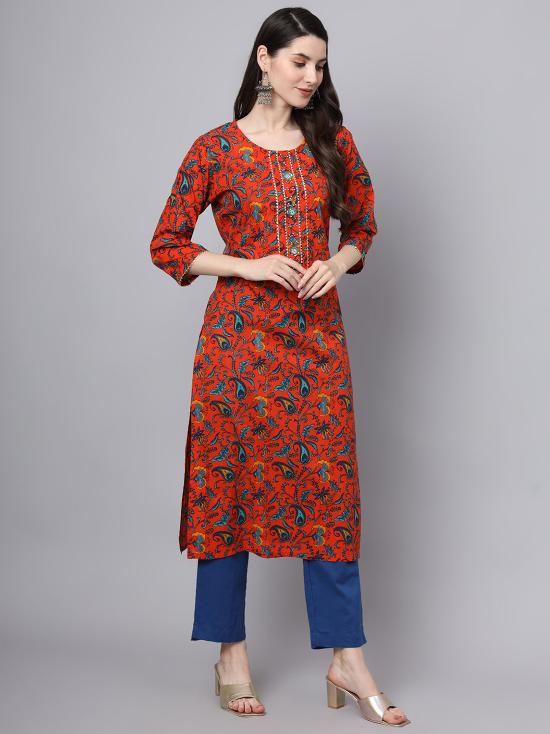 Floral Printed Gotta Patti Pure Cotton Kurta With Trousers & Dupatta