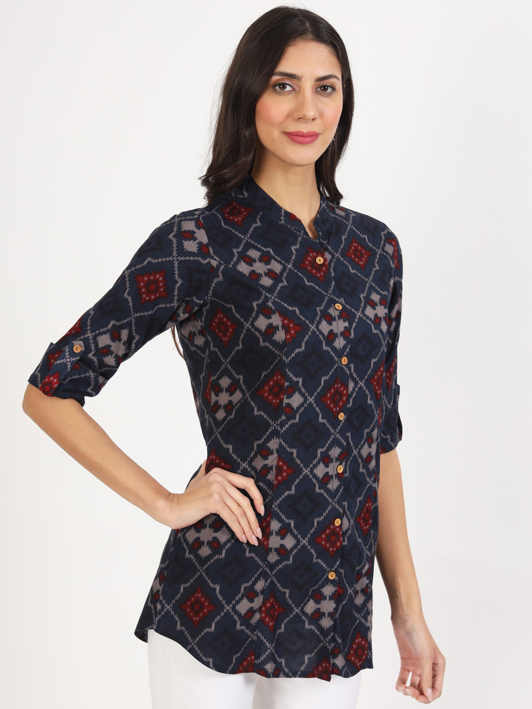 Blue Geometric Printed Rayon Top