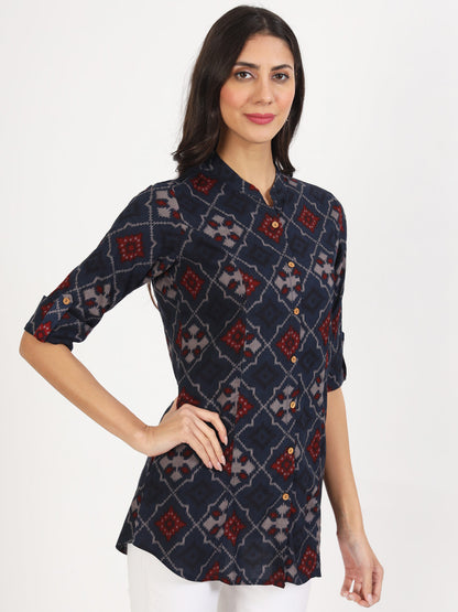 Blue Geometric Printed Rayon Top