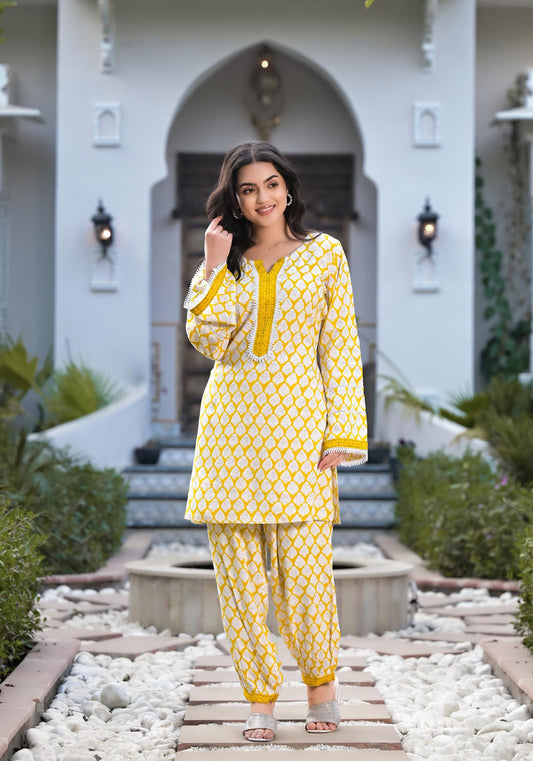 Yellow Floral Print Rayon Kurta set for women
