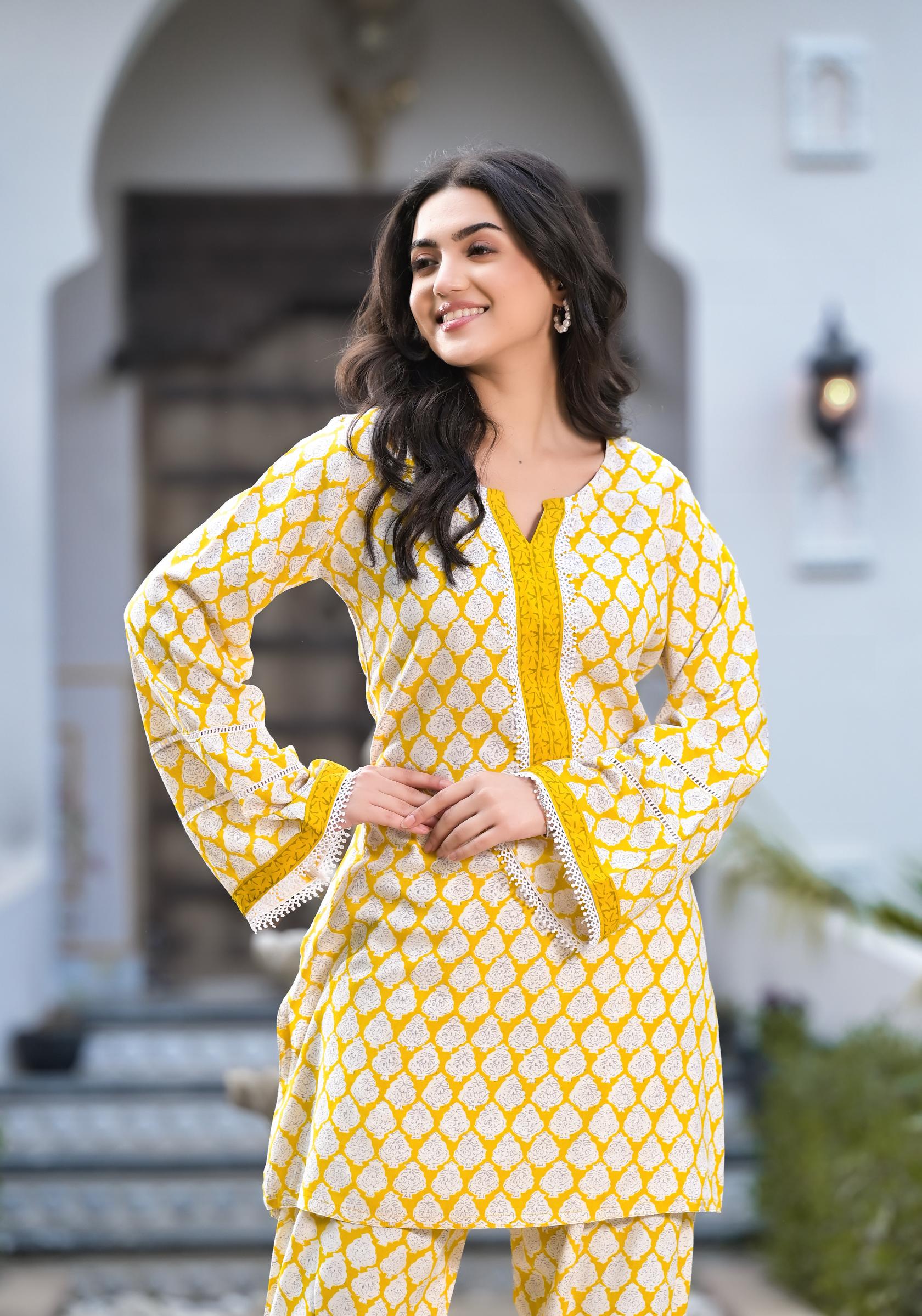 Yellow Floral Print Rayon Kurta set for women