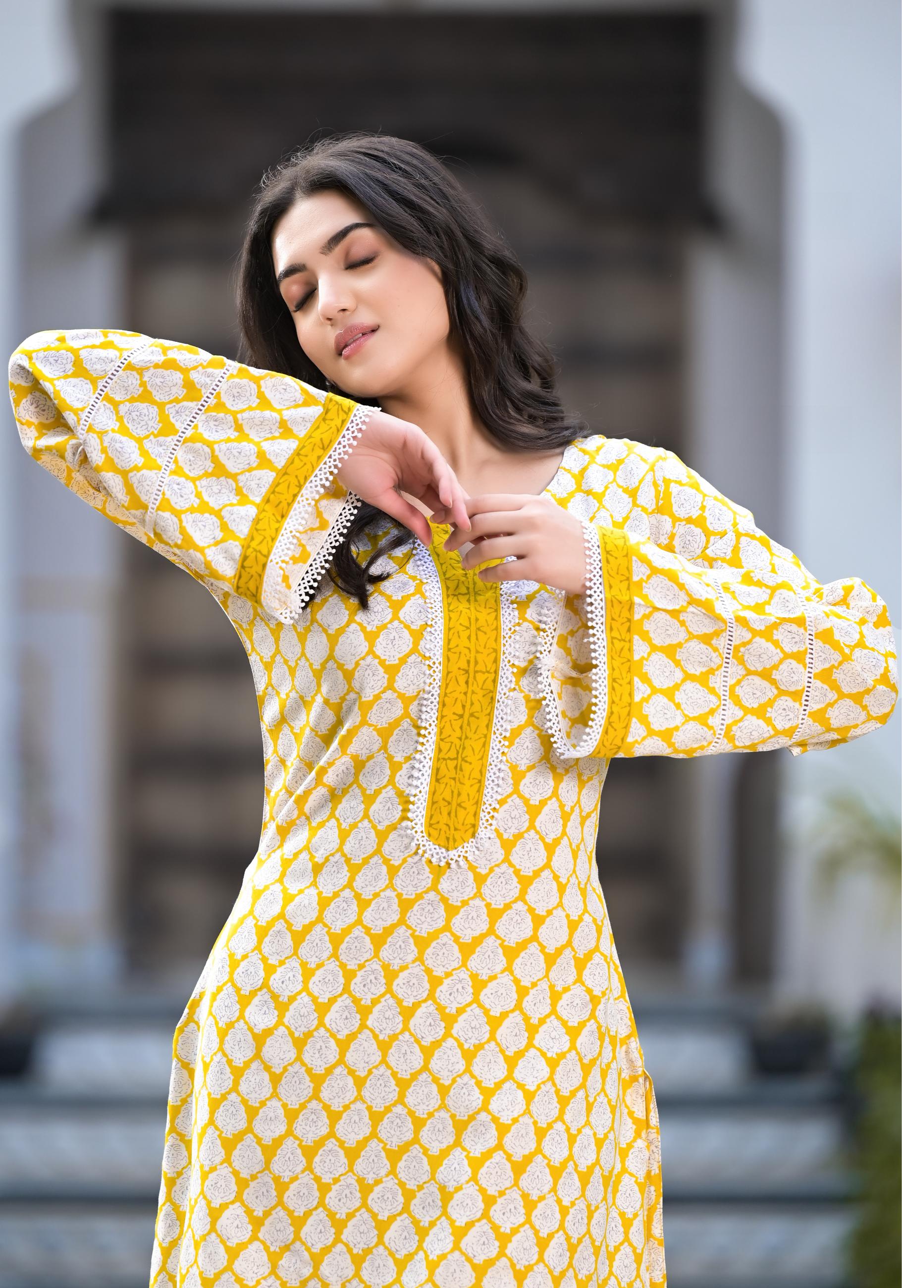 Yellow Floral Print Rayon Kurta set for women
