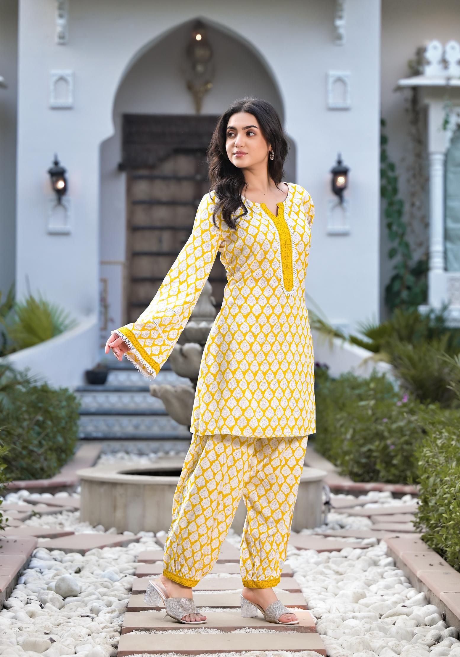 Yellow Floral Print Rayon Kurta set for women