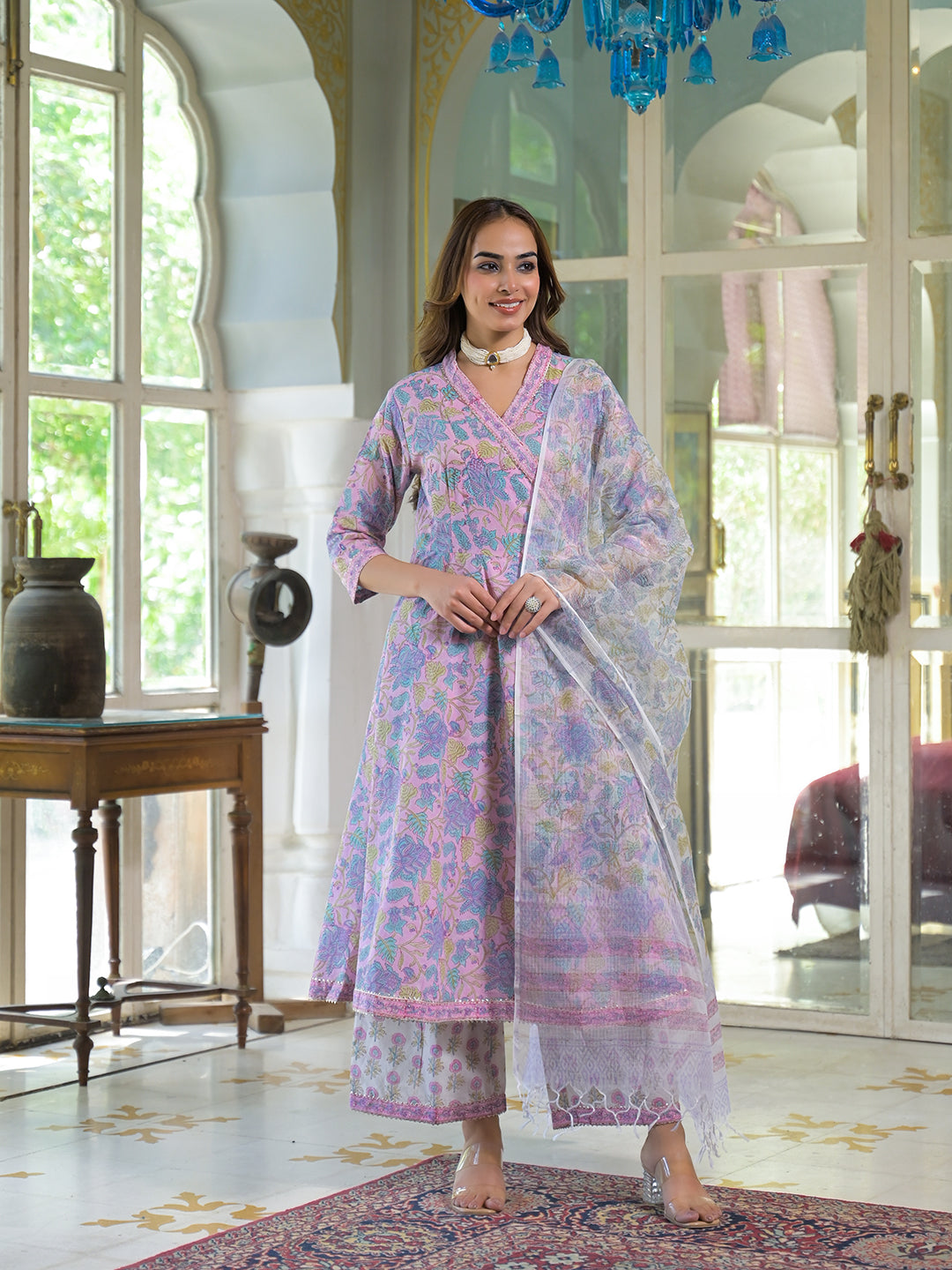 Pink Cotton Block Print Angarakha Kurta Pant with Dupatta