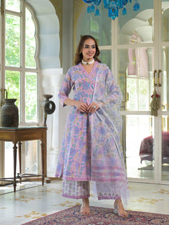 Pink Cotton Block Print Angarakha Kurta Pant with Dupatta