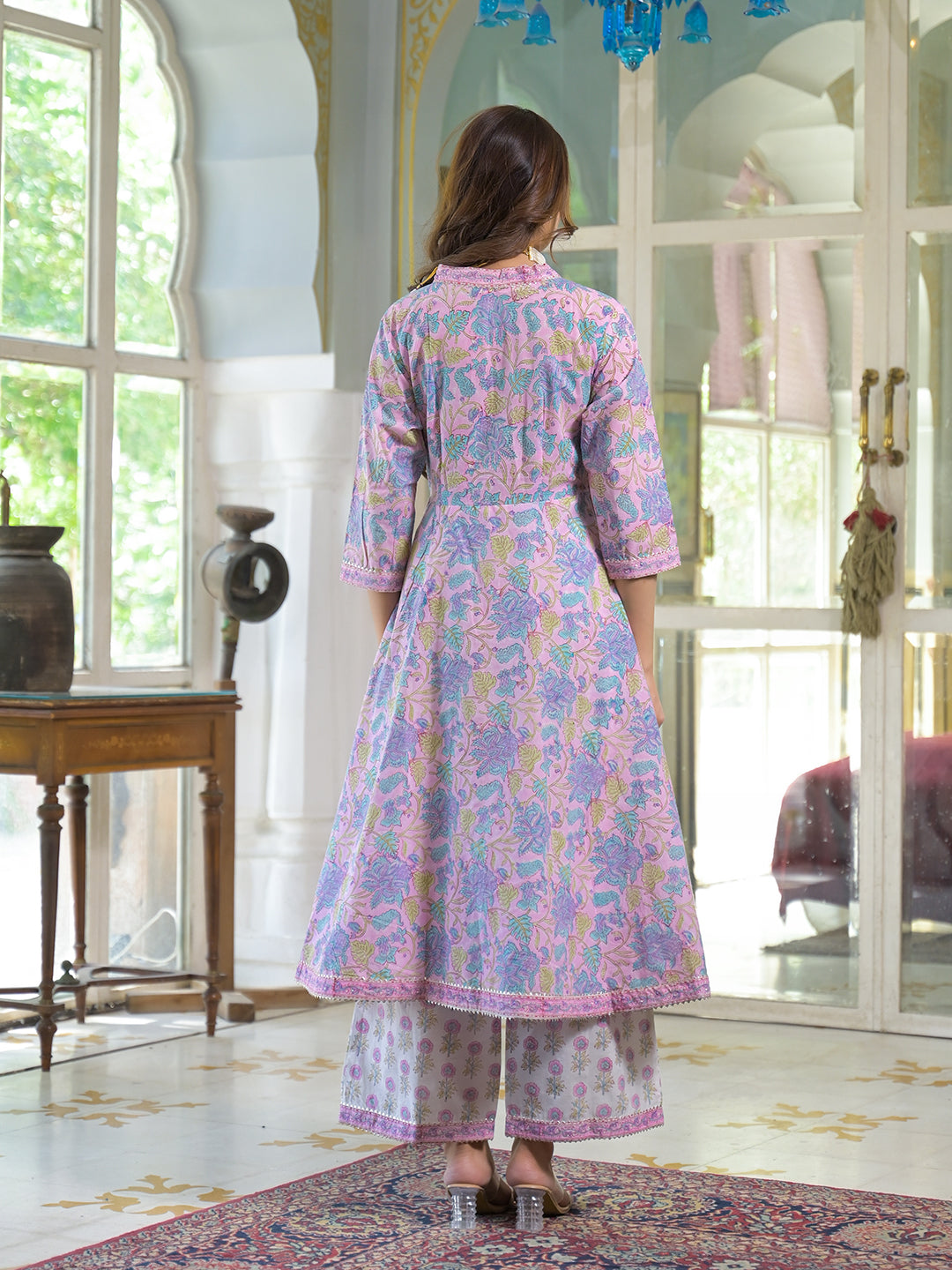 Pink Cotton Block Print Angarakha Kurta Pant with Dupatta